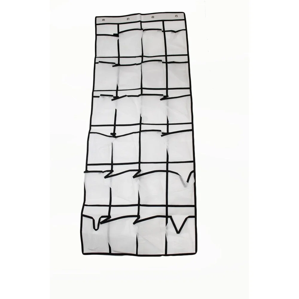 Over the Door Shoe Organizer 24 Mesh Pockets 22 x 59 in White Black Trim